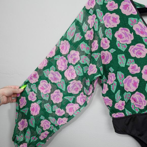 Lulus Where My Garden Grows Tie Back Bodysuit Sz S Green Floral Long Sleeve - Picture 7 of 14
